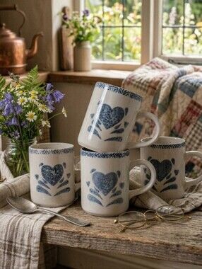 Gibson White Ceramic Mugs with Blue Heart Motif - Set of 4